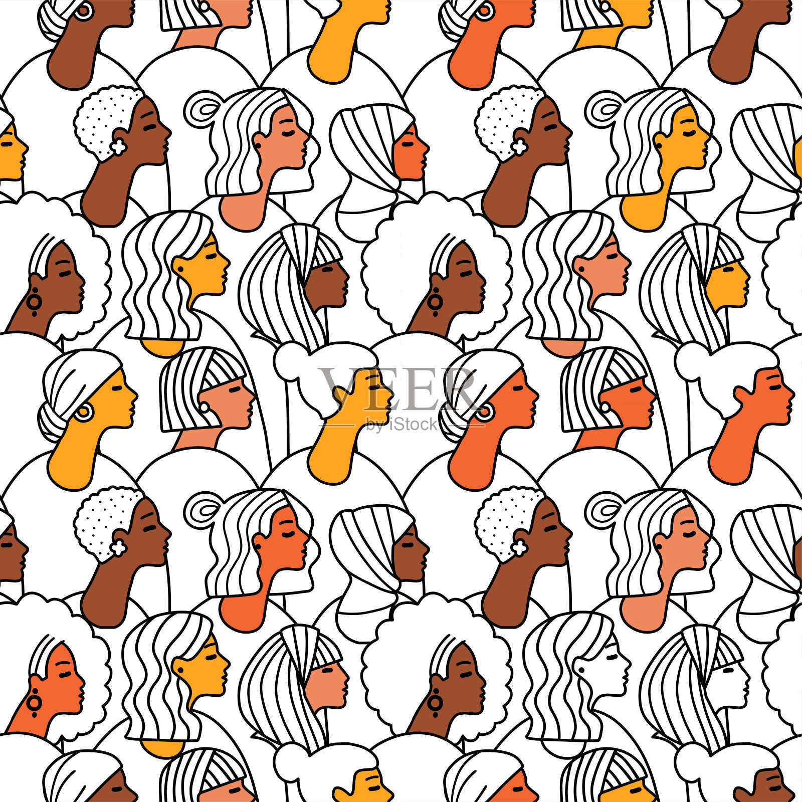 手绘女性面部轮廓无缝图案。新潮女性面部纹理搭配抽象线条造型,简约的少女面部搭配不同肤色的肌肤。矢量程式化的设计背景插画图片素材