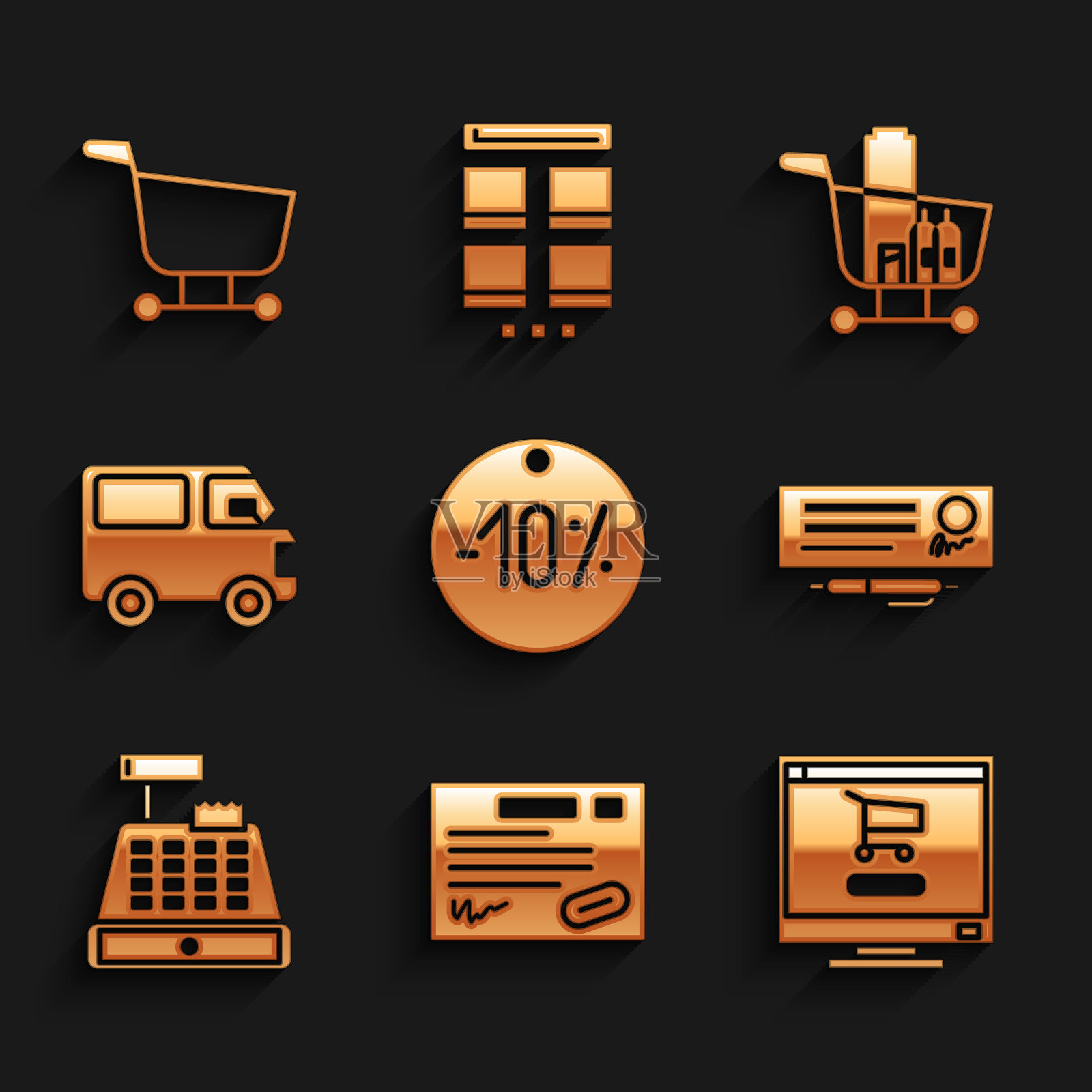 设置10折标签,保修证书模板,电脑上的购物车,银行支票和笔,收银机,送货卡车,食品和图标。向量图标素材