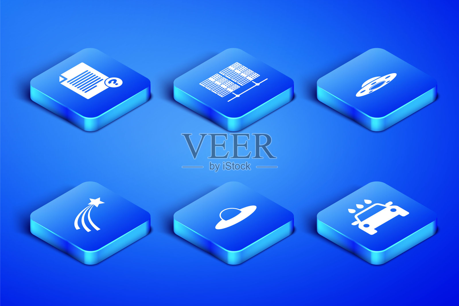 设置洗车,未知文件,UFO飞行飞船,陨星,服务器,数据,网络主机和图标。向量图标素材