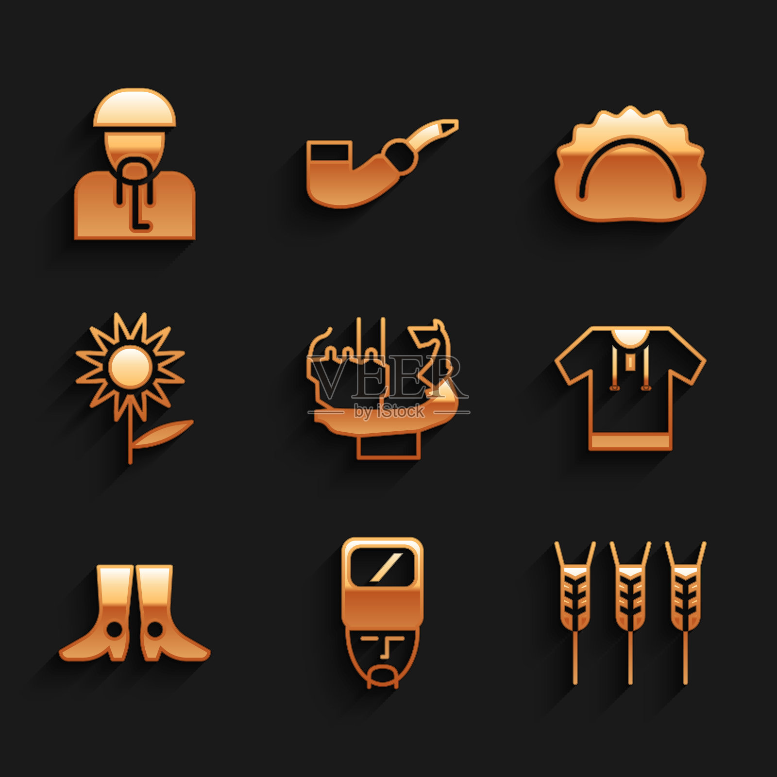 设置纪念碑的创始人基辅,乌克兰哥萨克,小麦,刺绣衬衫,鞋类,向日葵,饺子和图标。向量图标素材