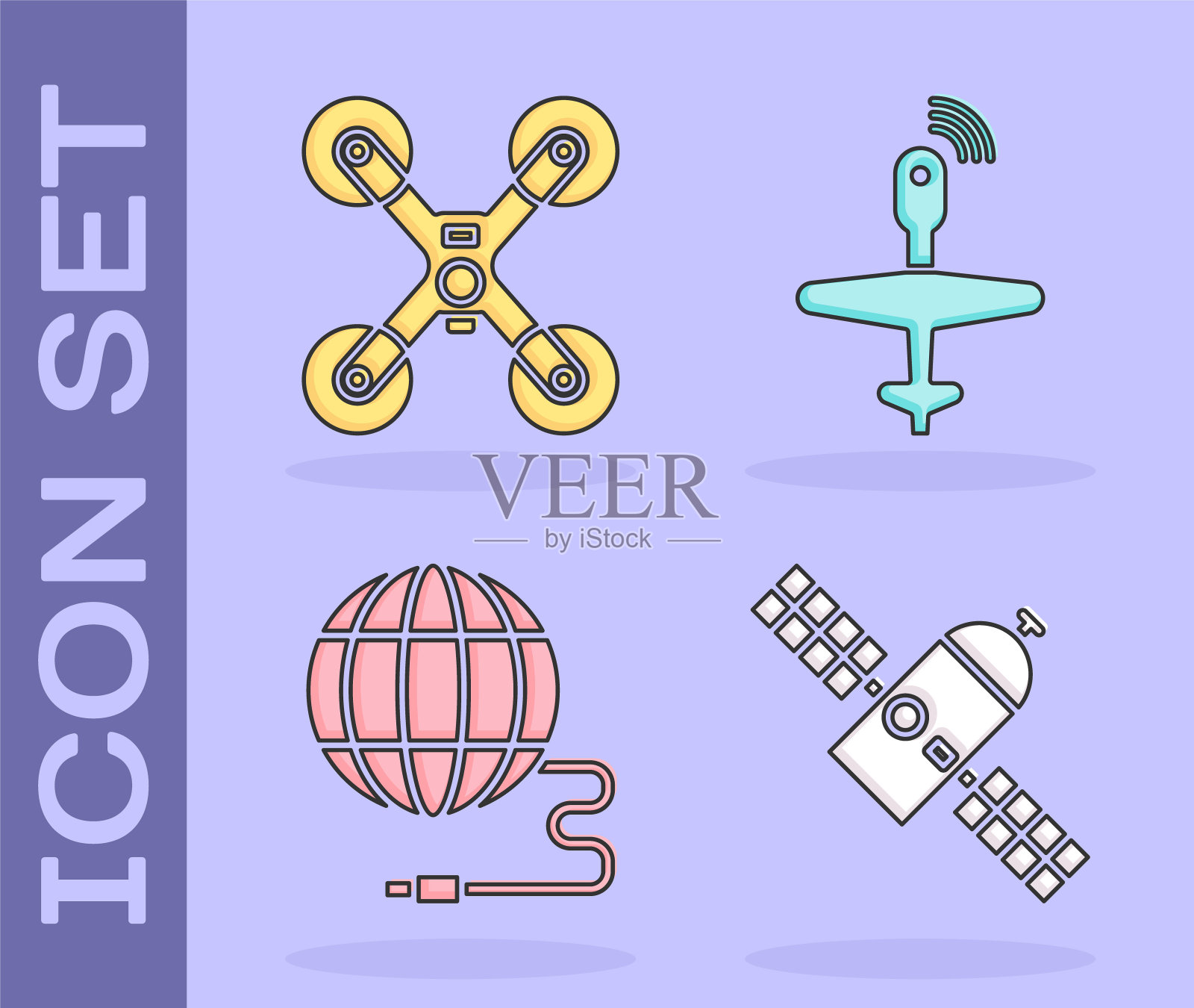 设置卫星,无人机飞行,社交网络和无人机无人机图标。向量图标素材