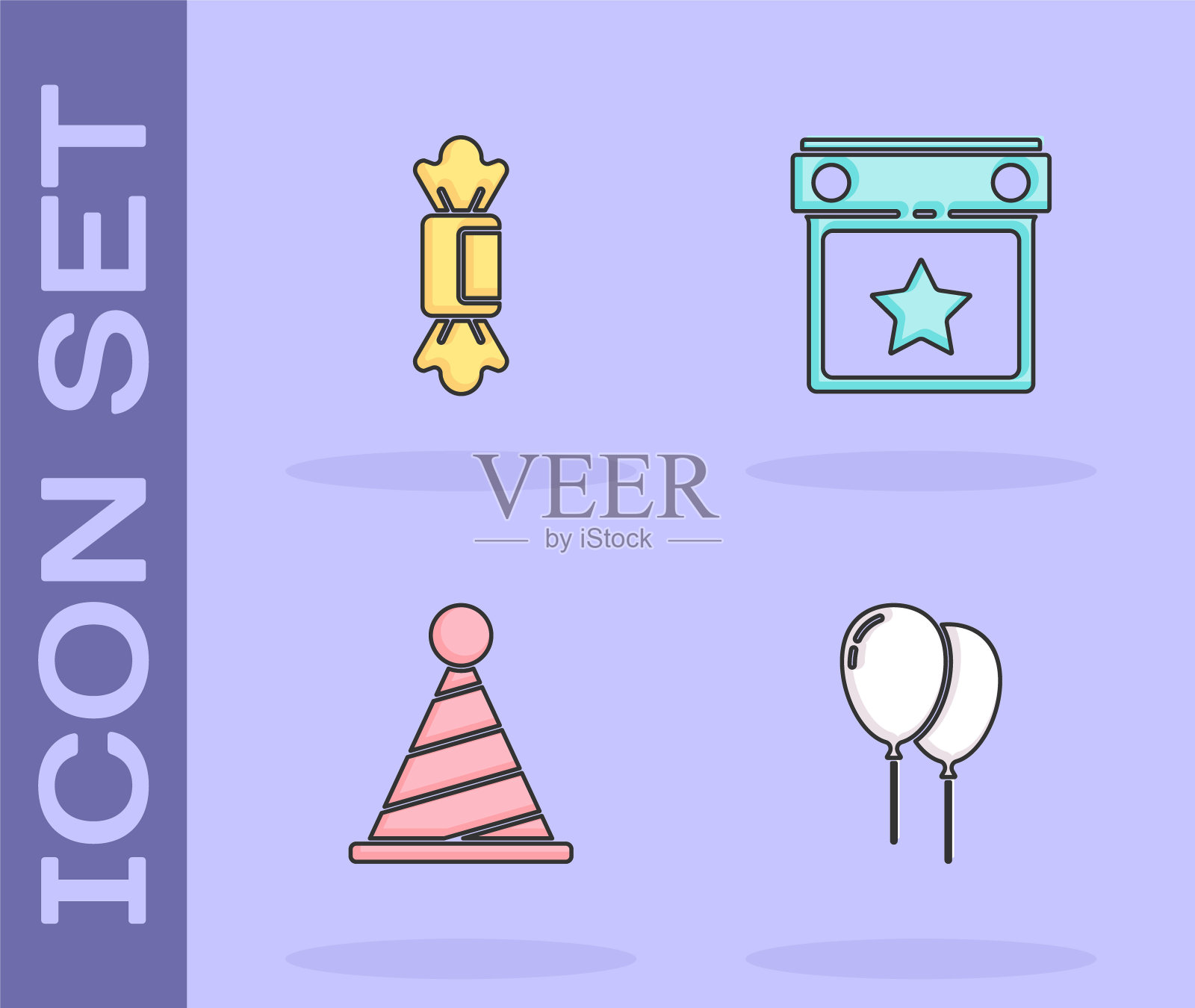 设置气球与丝带,糖果,派对帽子和日历派对图标。向量图标素材