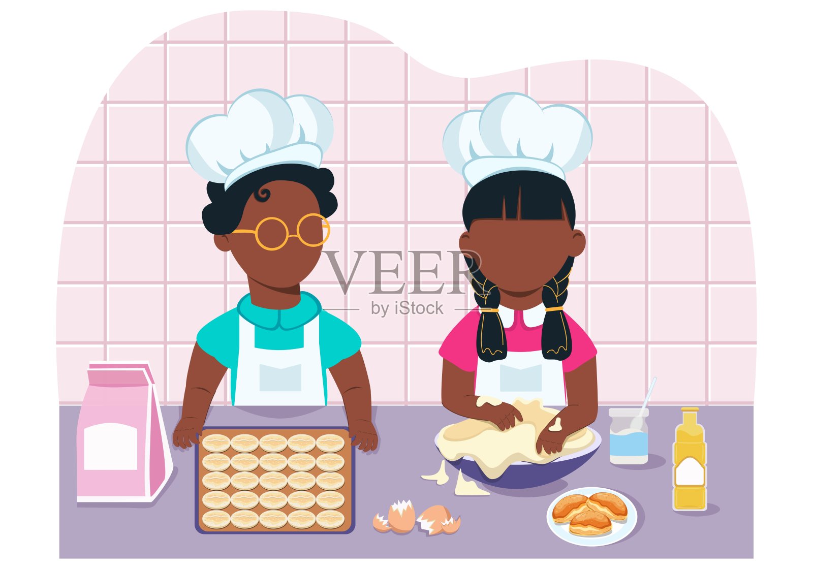 少数民族的孩子们在厨房里一起做饼干。插画图片素材