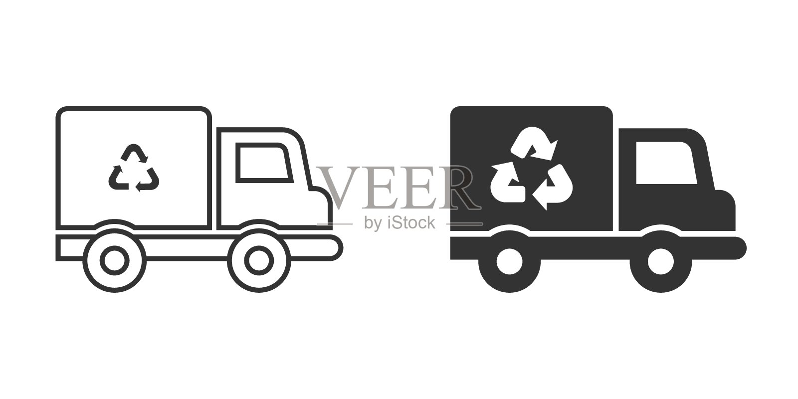 垃圾车图标在平坦的风格。回收向量插图在白色孤立的背景。垃圾车标牌经营理念。图标素材