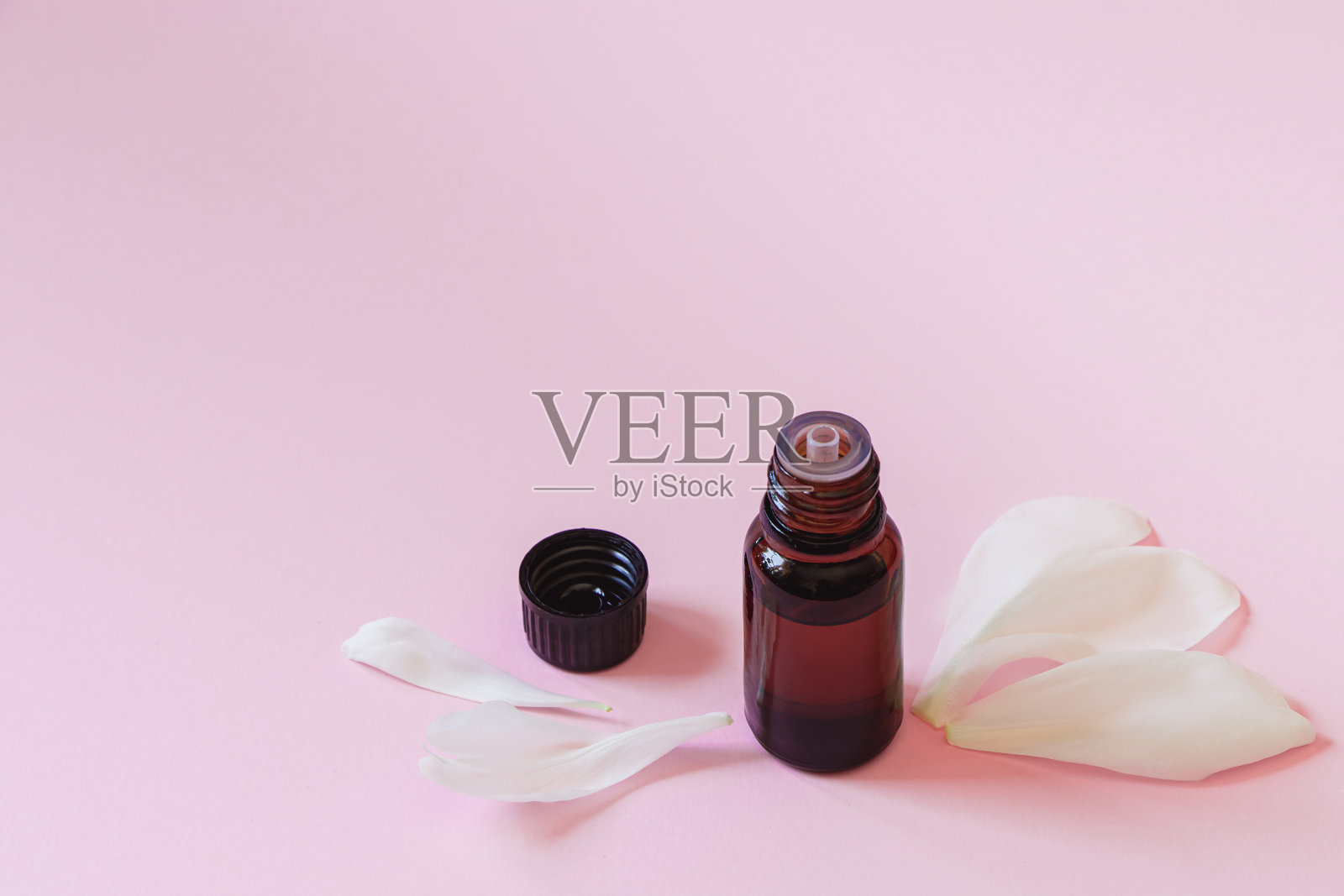 瓶芳香油和花瓣在粉红色的背景。用于身体护理的Spa产品。天然的化妆品。照片摄影图片