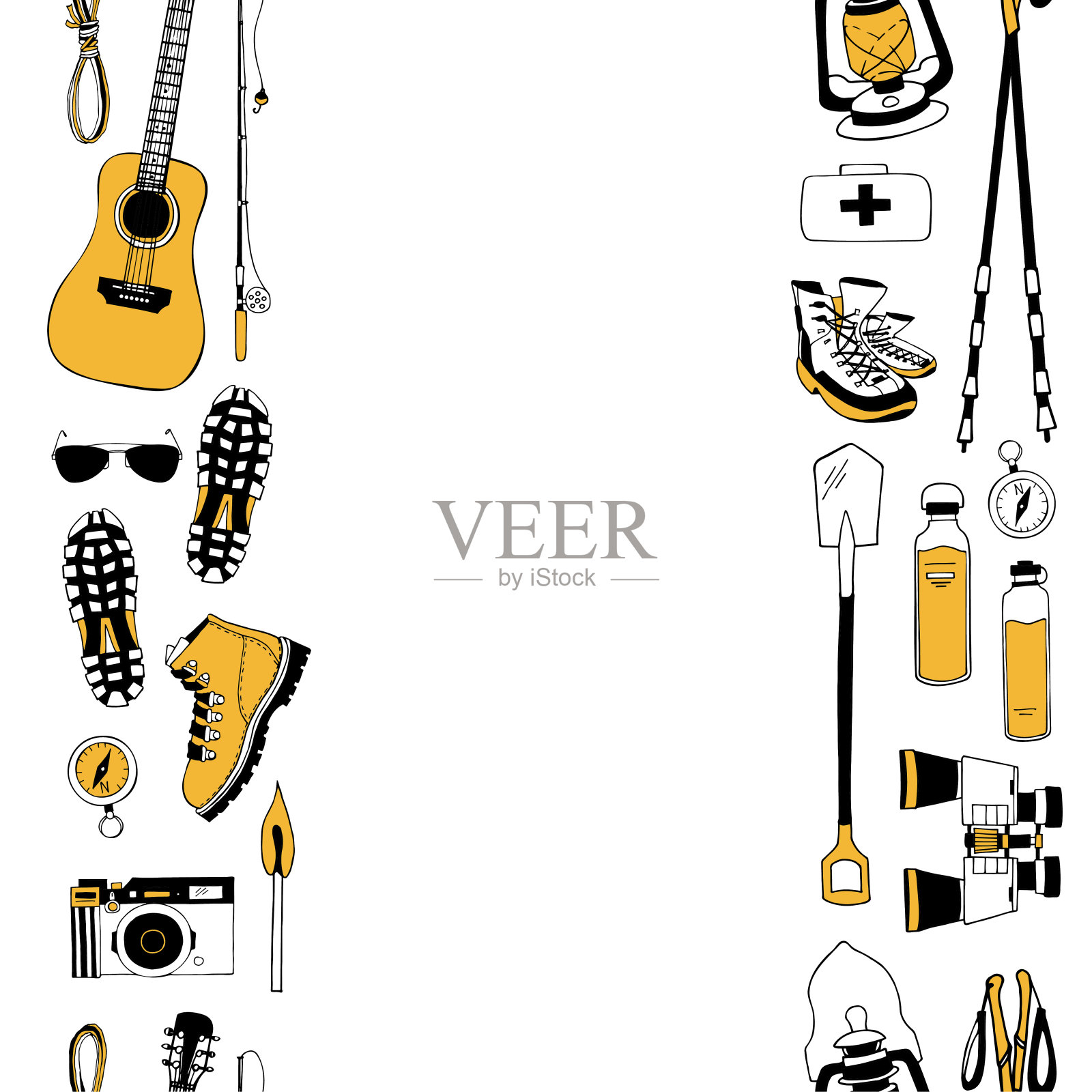 黑色、白色和黄色的现代矢量图案。无缝垂直边界的露营设备。无尽的刷子,条纹适合徒步旅行。框架设计。名片模板。文本的空白位置插画图片素材
