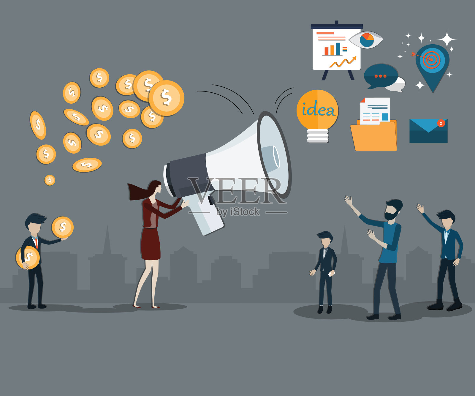 商业平面设计,年轻女子拿着扩音器展示市场信息,年轻男子收集漂浮在她身后的硬币插画图片素材