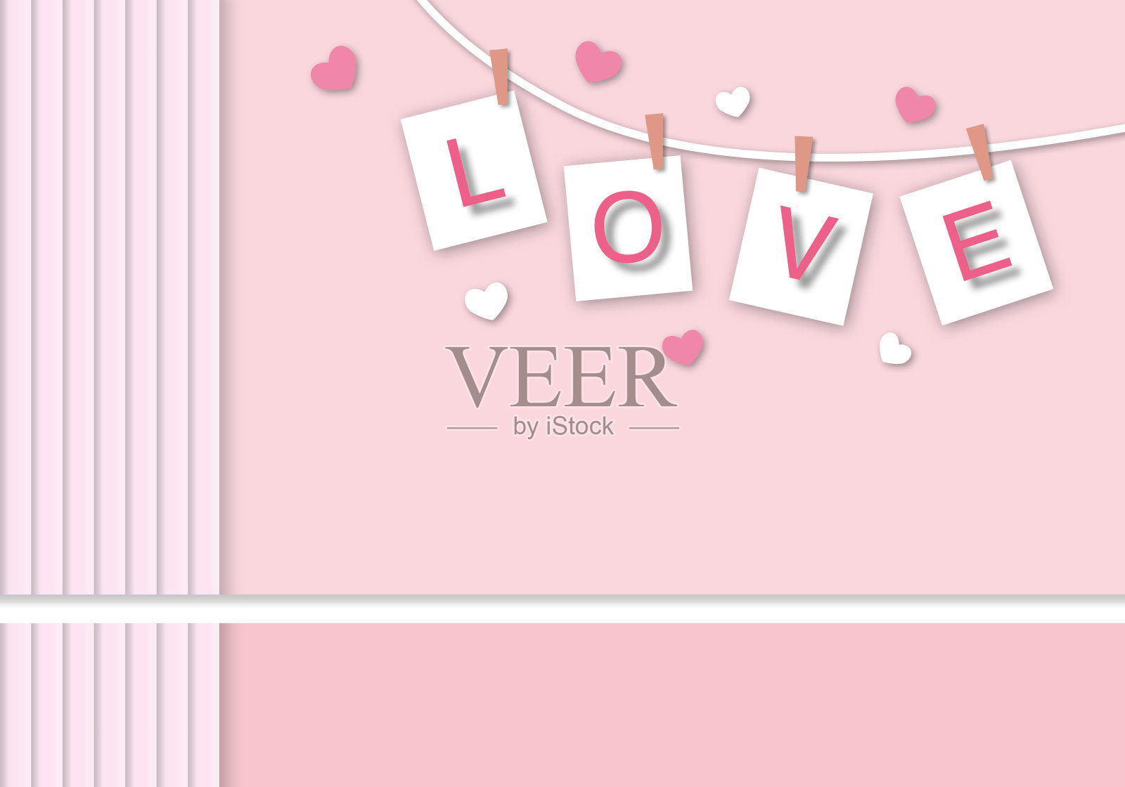 爱的标志与许多心和线在淡粉色背景的问候设计为情人节或婚礼。插画图片素材