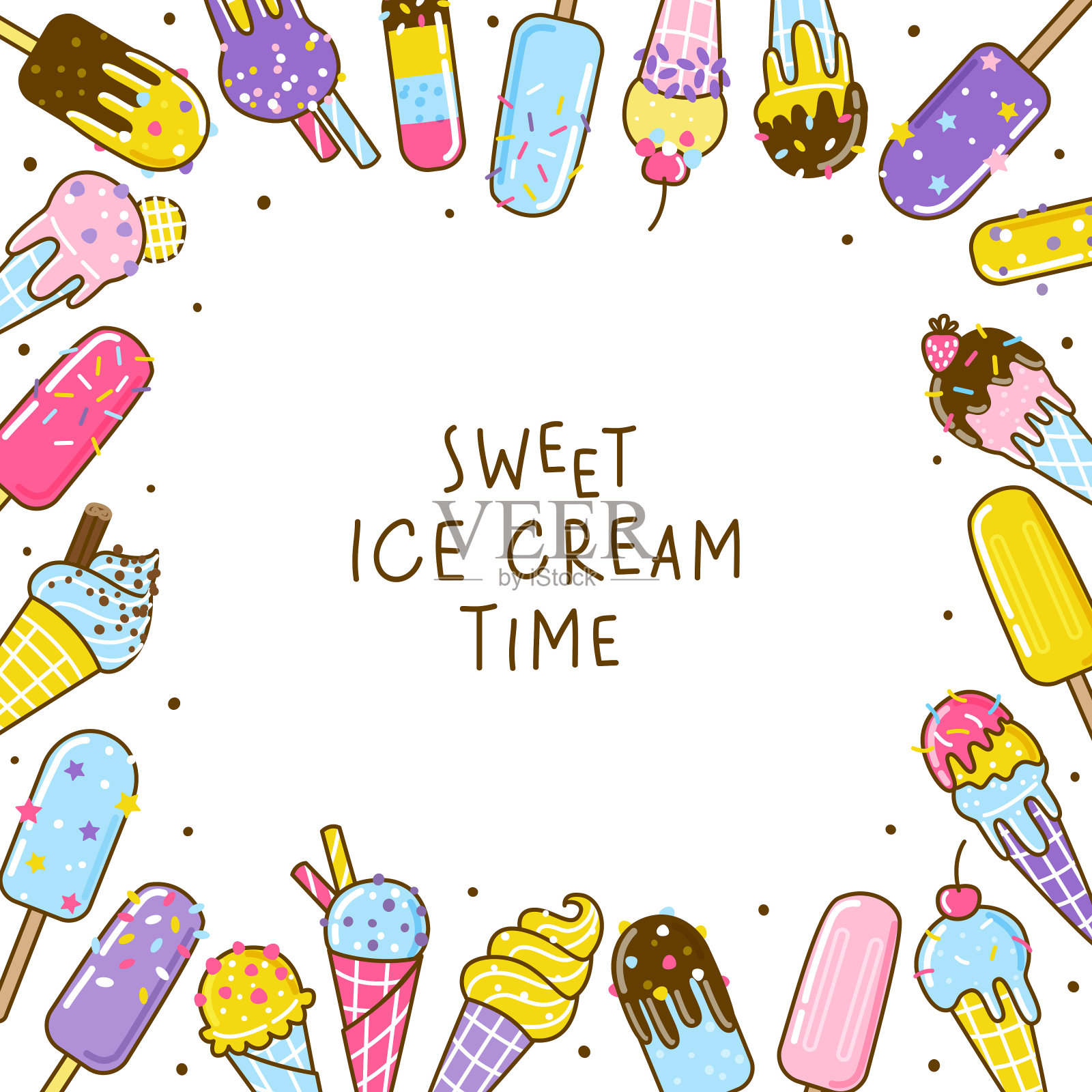 卡通冰淇淋框架孤立在白色背景为甜的设计设计元素图片
