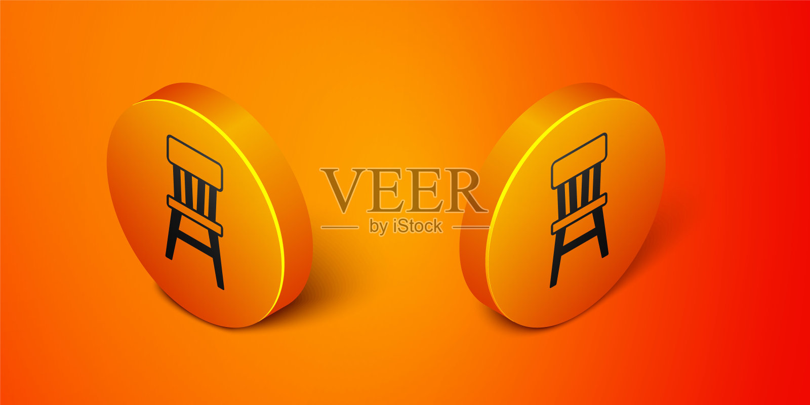 在橙色背景上孤立的等距椅子图标。橙色圆按钮。向量插画图片素材