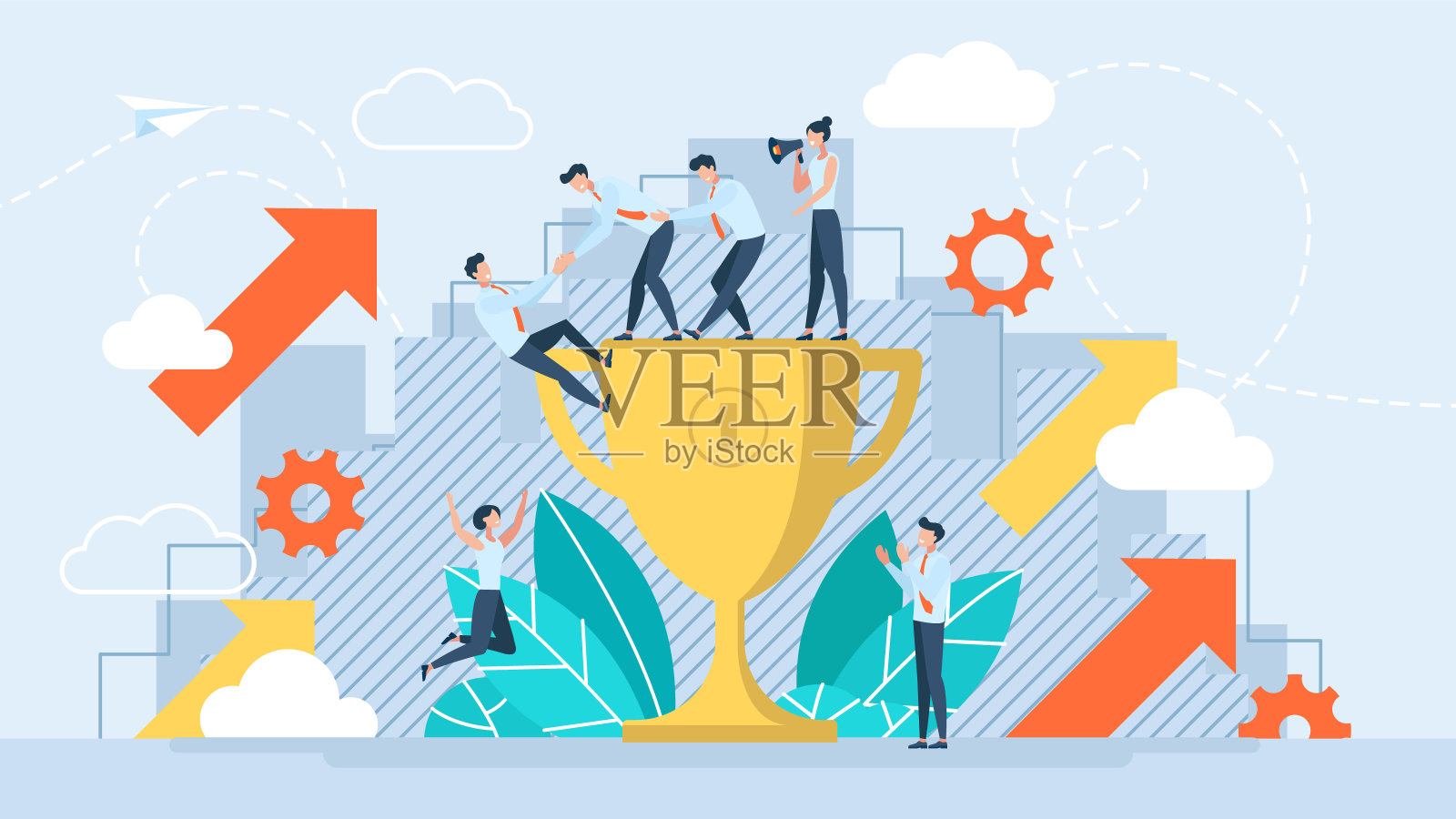 团队建设的概念。商业插图。团队合作,合作。领导者帮助团队成员取得成功。比如开发,展示,团队建设。矢量平面设计风格。插画图片素材