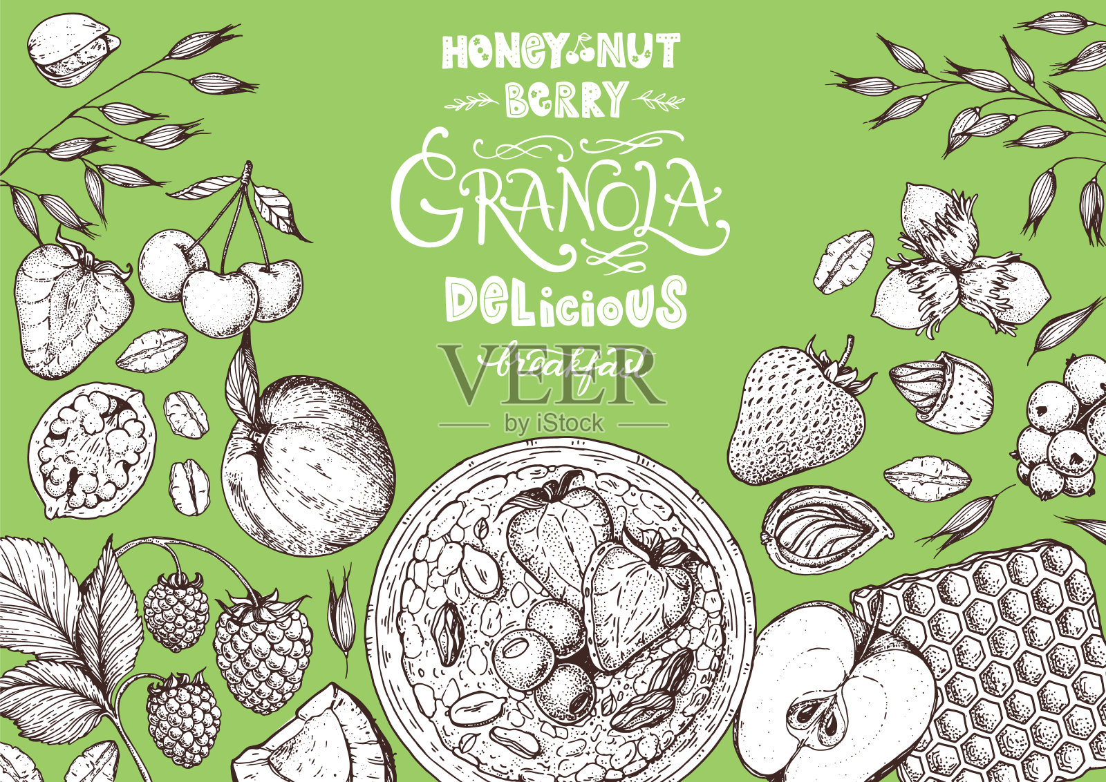 燕麦成分说明。燕麦片,浆果,水果和坚果手绘草图。早餐顶视图框架。早餐菜单设计。手绘矢量插图。插画图片素材