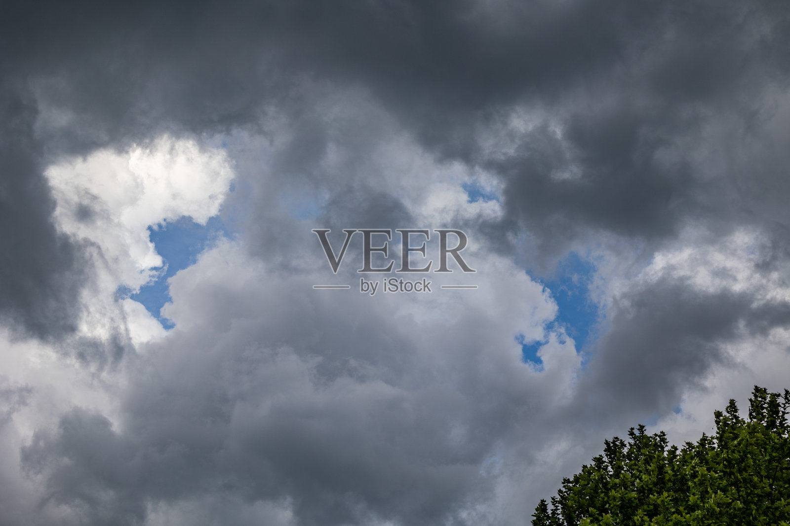 乌云覆盖天空,树的轮廓在较低的前景,多变的天气,气象概念和背景照片摄影图片