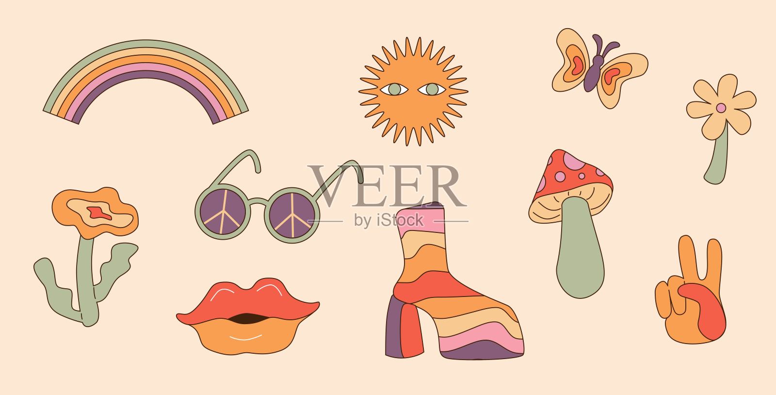 70 -80年代的嬉皮士元素插画图片素材