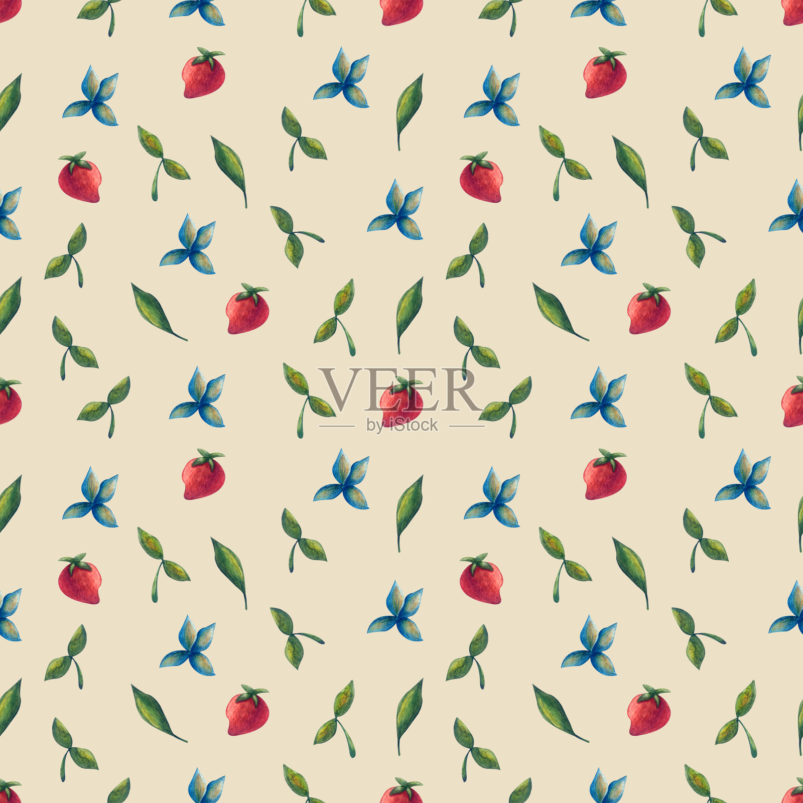 无缝水彩图案与草莓和花插画图片素材