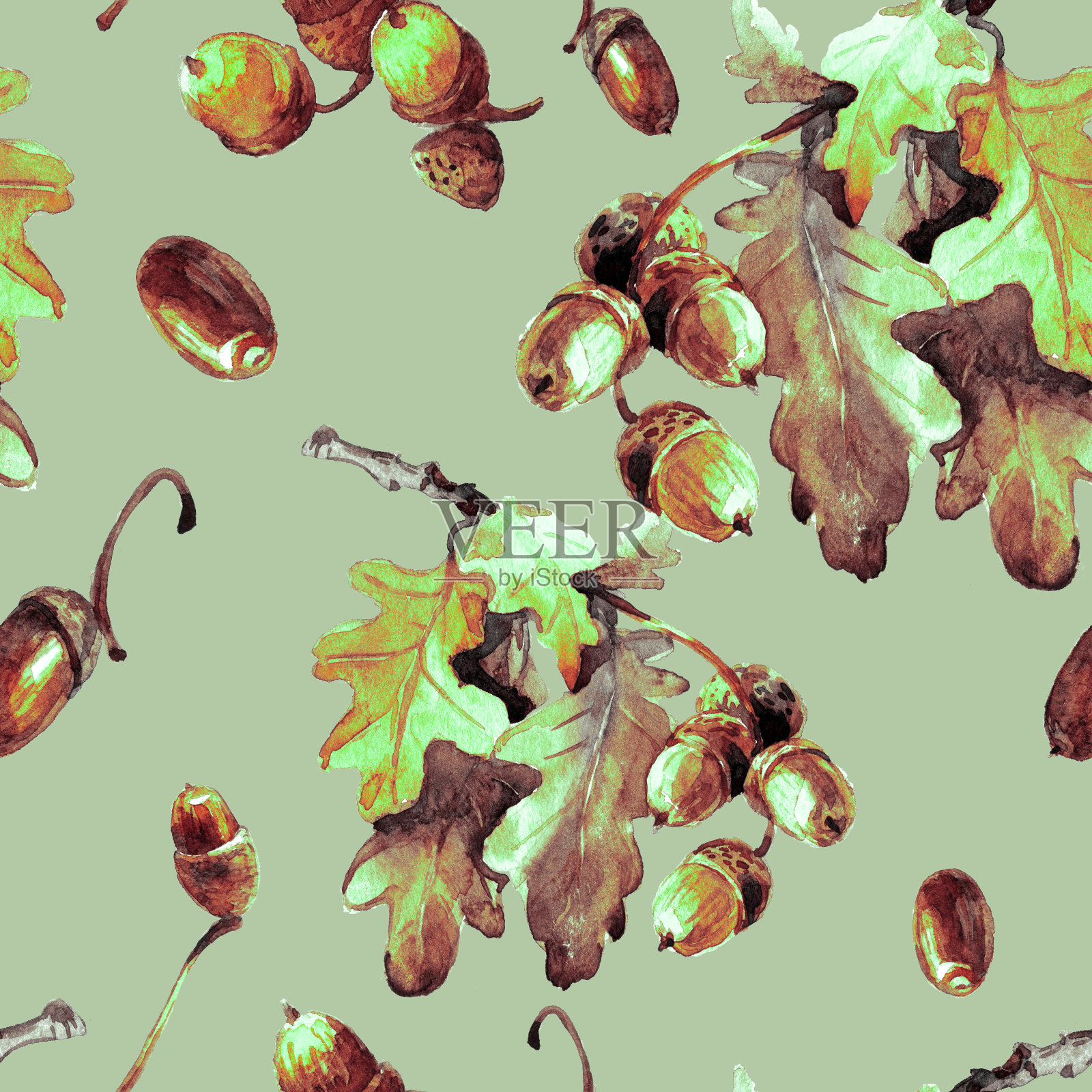 橡子上的秋天橡树枝,无缝水彩图案。插画图片素材