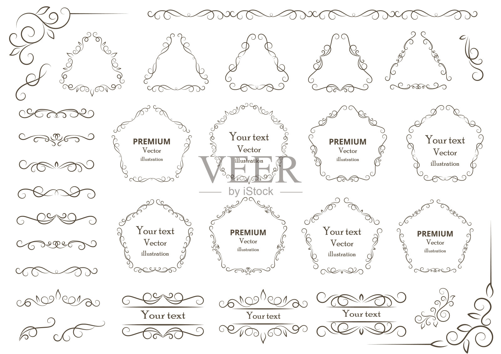 书法设计元素。装饰旋涡或卷轴,复古框架,花饰,标签和分隔。复古的矢量图插画图片素材