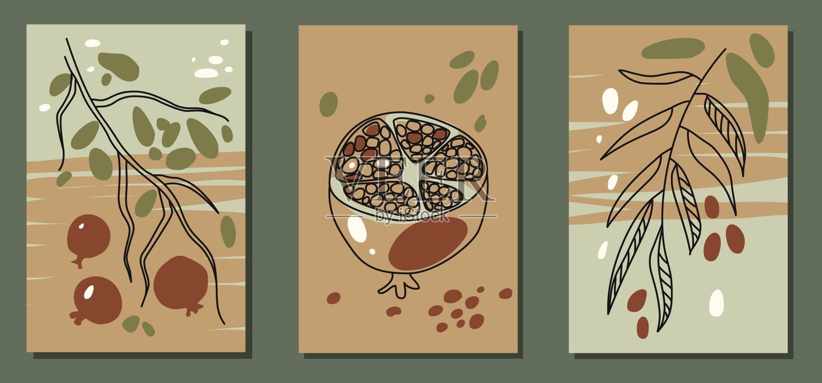 一套抽象海报的现代艺术在泥土,黑暗的颜色。叶子,小枝,切石榴果和橄榄枝。线性艺术和斑点。插画图片素材