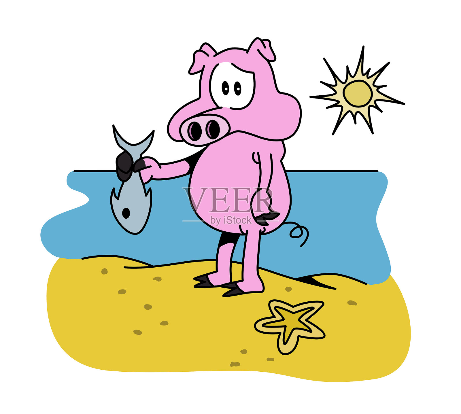 可爱有趣的猪角色站在海滩上,拿着一条鱼,以大海和沙子为背景。卡通风格的插图。插画图片素材