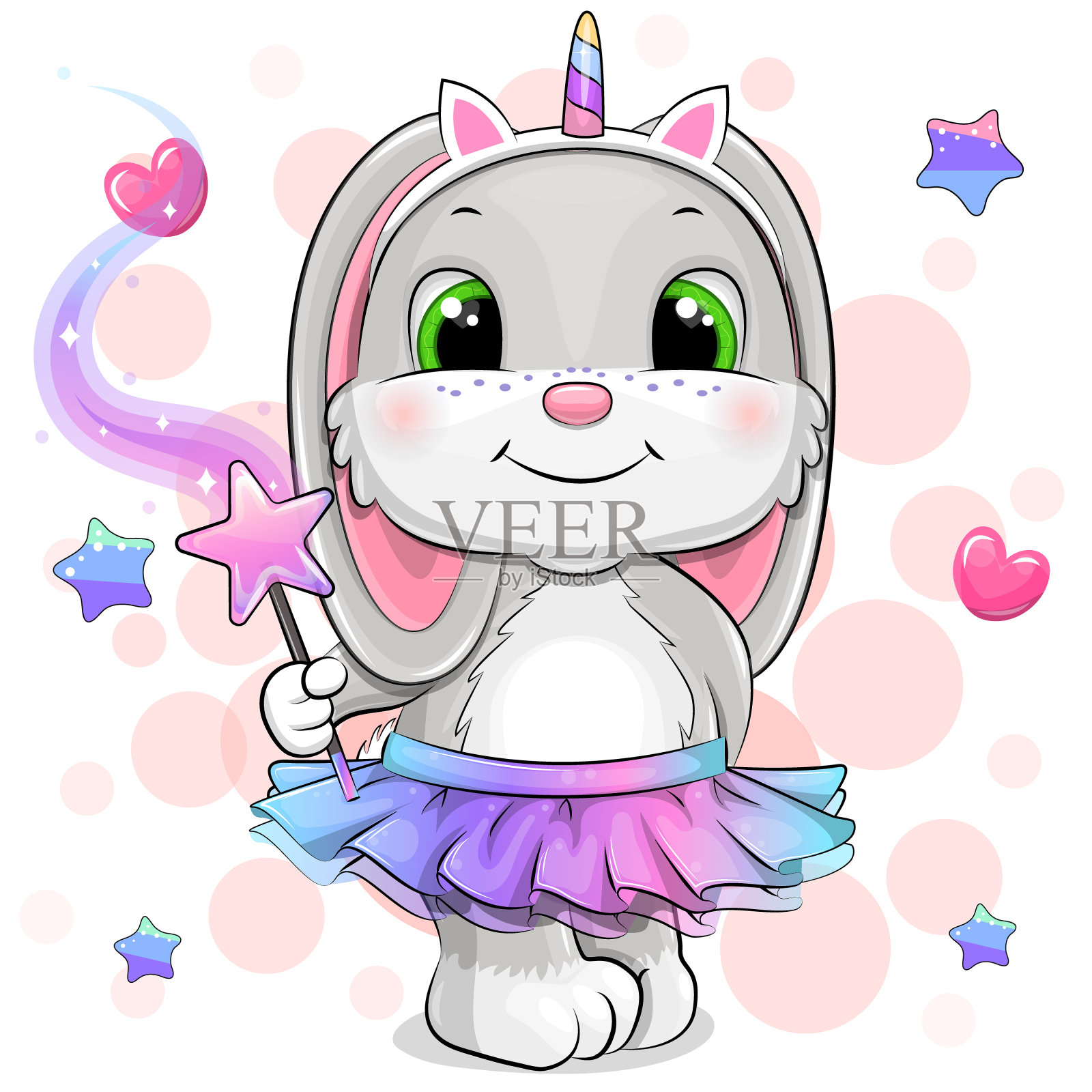 可爱的卡通兔子穿着彩虹裙,戴着独角兽头带,手里拿着魔杖。插画图片素材