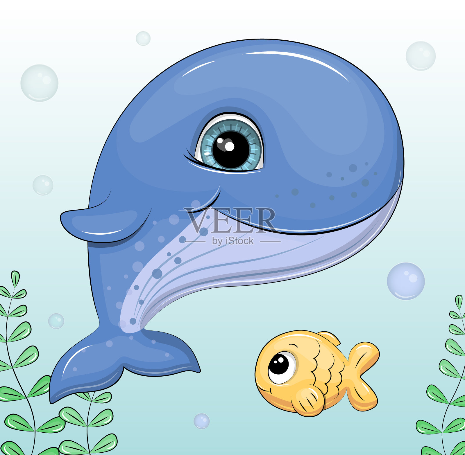 可爱的卡通蓝鲸和小黄鱼在水下游泳。设计元素图片