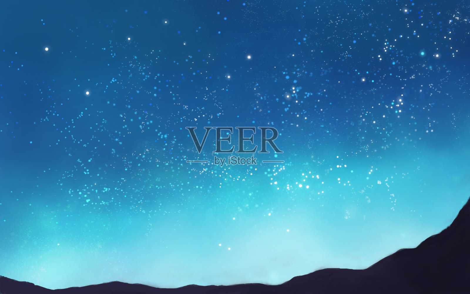 绿松石色星空和山脉剪影的景观插画插画图片素材