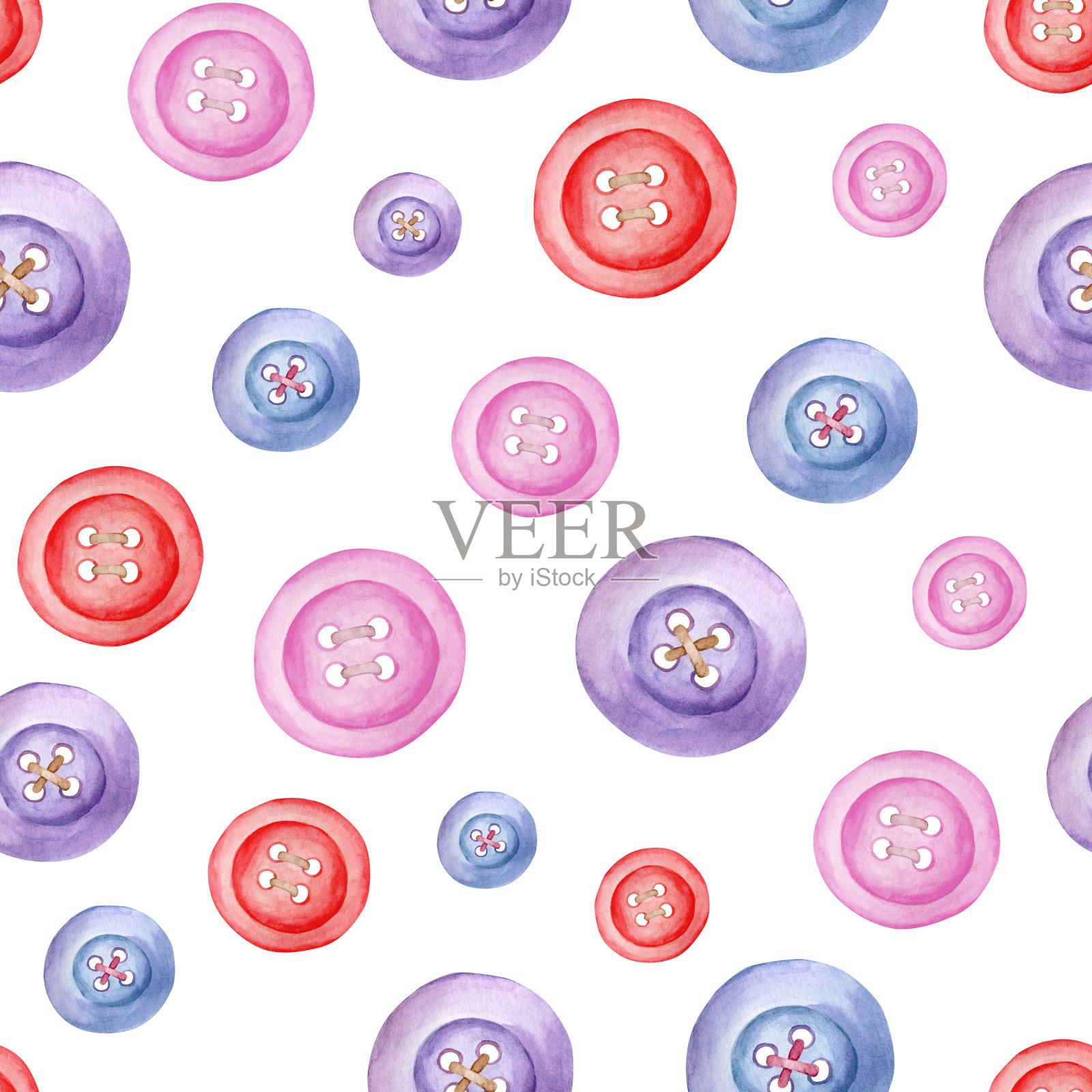 水彩缝钮扣无缝图案。爱好拼接背景孤立在白色上。手工绘制的可爱的工艺品用于刺绣,剪贴簿。面料、印花、包装重复设计。设计元素图片