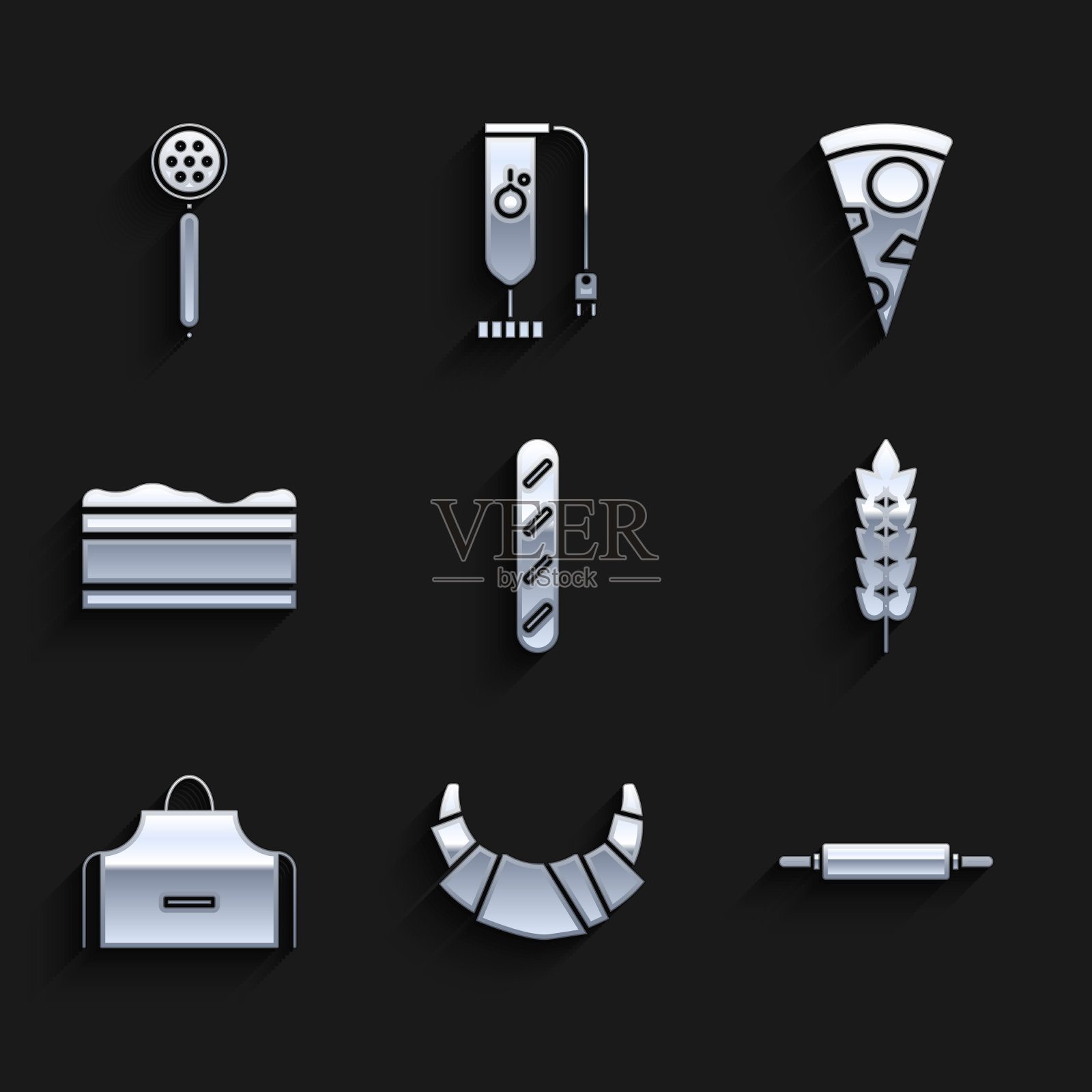 法式长棍面包、牛角面包、擀面杖图标素材