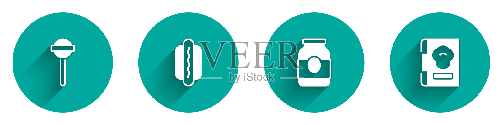 设置棒棒糖,热狗,果酱罐和烹饪书图标与长阴影。向量图标素材