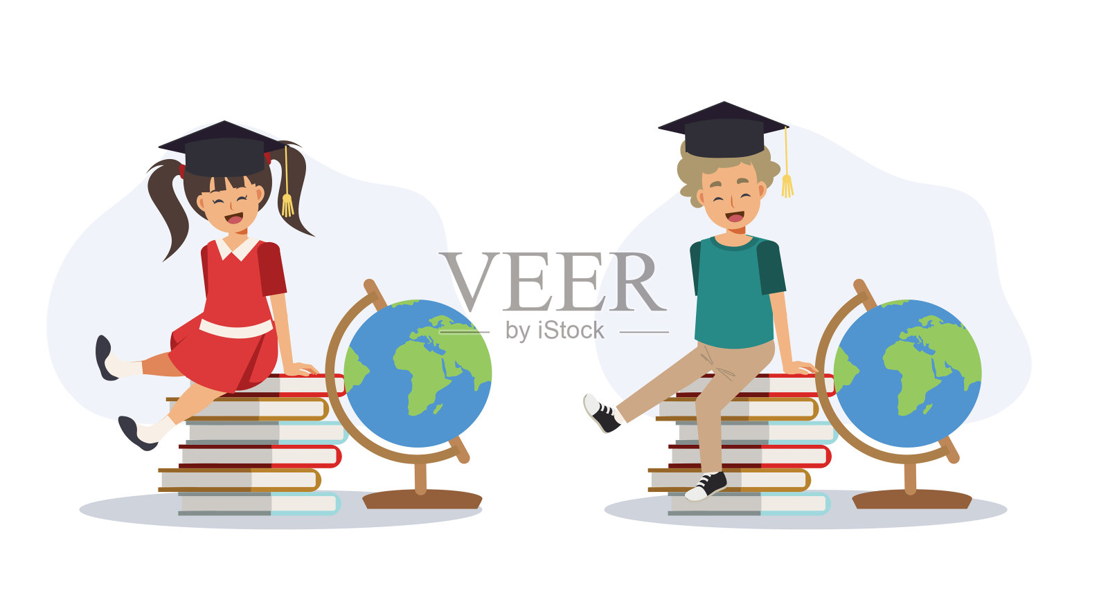 教育理念,年轻的学生毕业了,毕业帽,坐在一堆书上。平面矢量二维卡通人物插图。插画图片素材