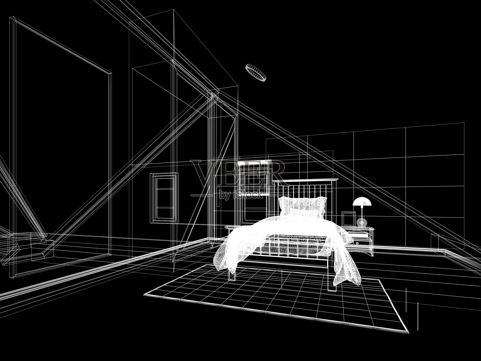 室内阁楼卧室草图设计,三维效果图绘制照片摄影图片