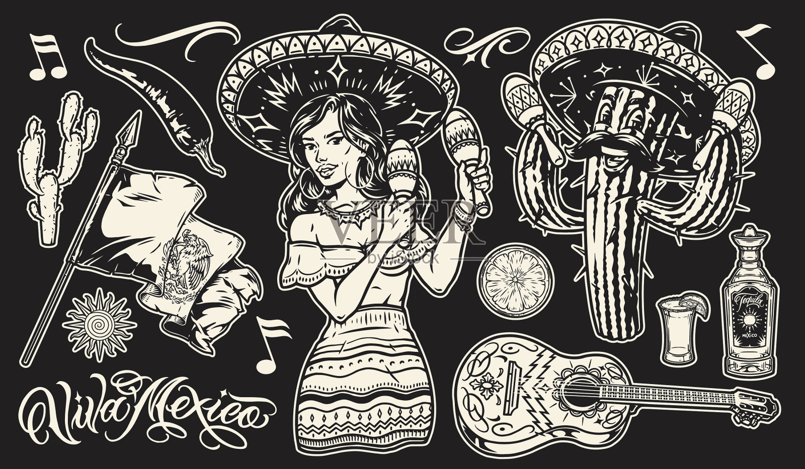 复古单色墨西哥元素设置插画图片素材