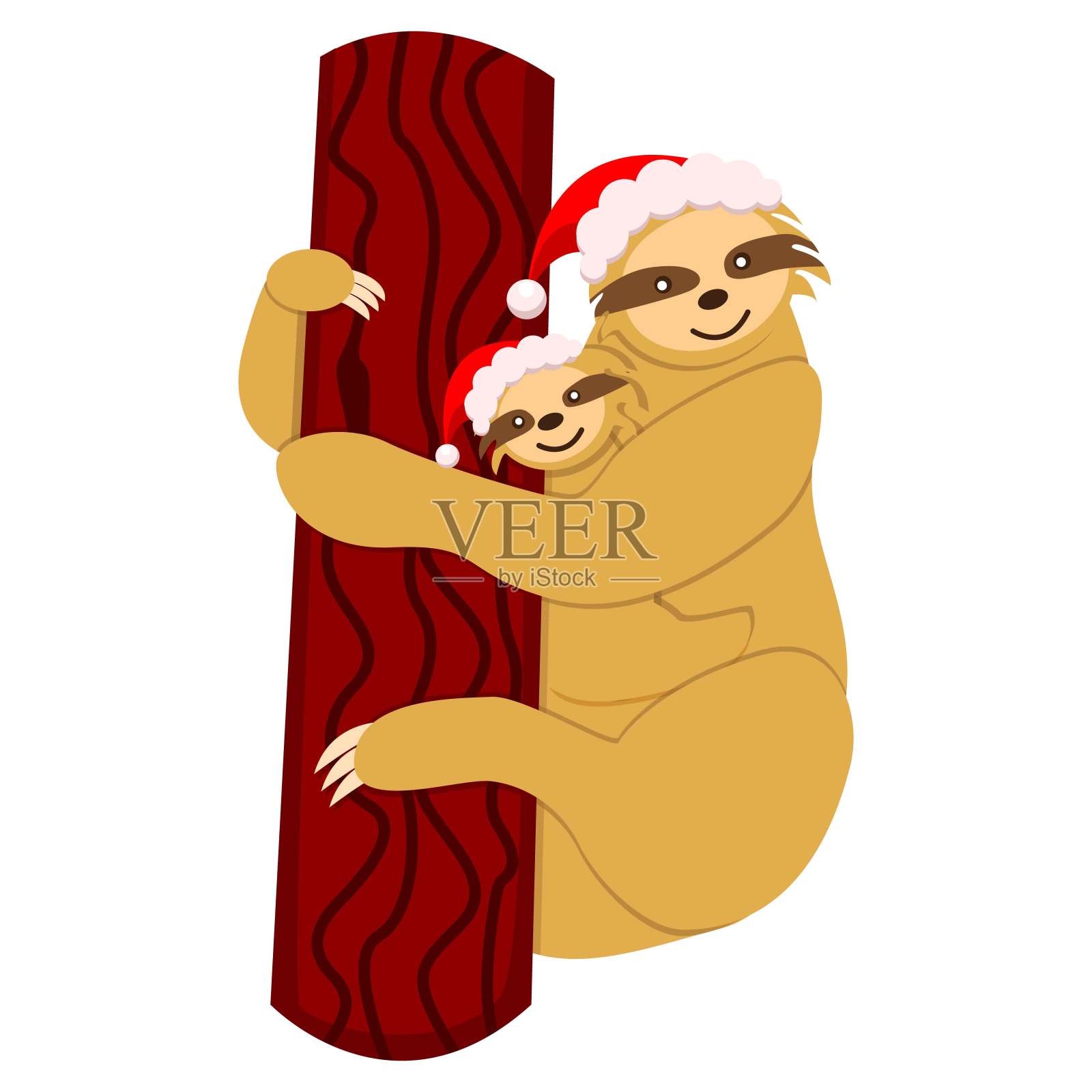 戴着红白帽子的树懒母子挂在树枝上。可爱又有趣。卡通风格。自然与生态。圣诞快乐。新年快乐。明信片,海报,平面设计,纺织品插画图片素材