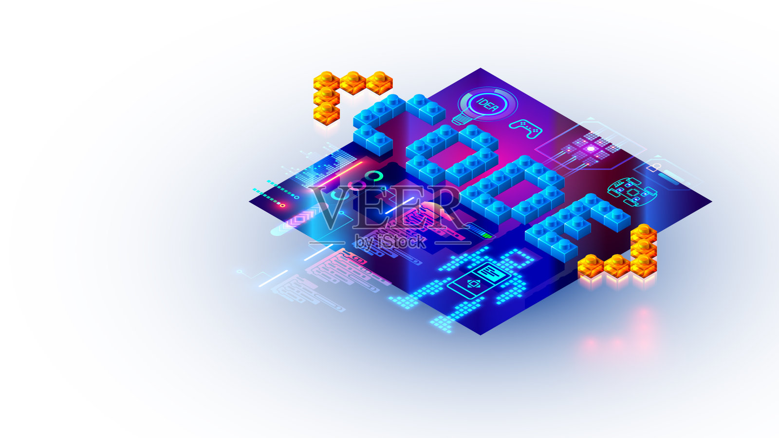 为儿童编写程序代码。为孩子提供关于编程、编程电脑游戏和科学技能的在线培训。计算机技术网络学校。概念旗帜在白色。插画图片素材