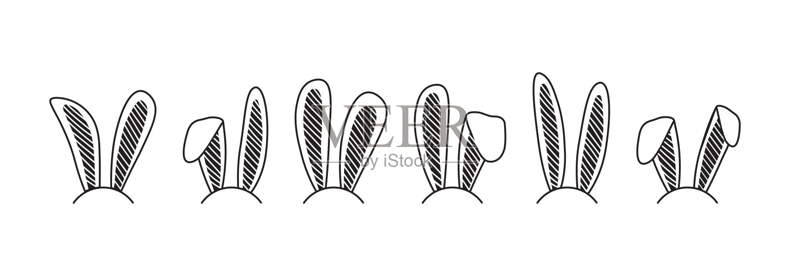 复活节兔子头带矢量图标,黑色涂鸦兔子面具设置孤立在白色背景上。有趣的动物插图设计元素图片