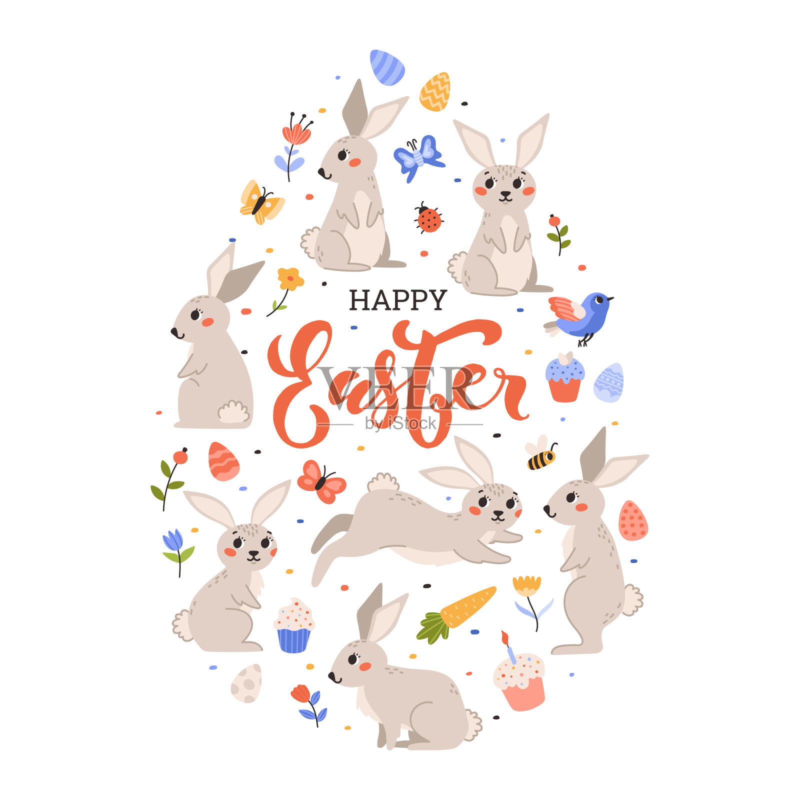 复活节快乐。春天套米色兔子、鸡蛋、蛋糕、鲜花、蝴蝶。可爱的平面矢量插图在白色的背景。插画图片素材