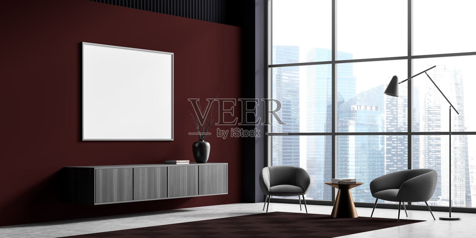 黑暗的阅览室内部有扶手椅和窗户,海报模型照片摄影图片