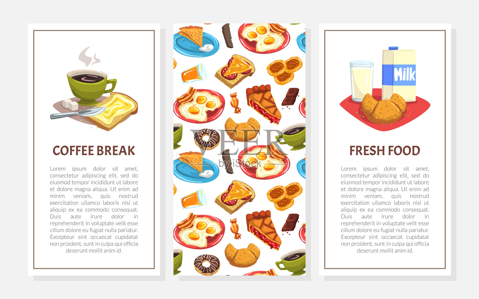 美味的早餐食品和饮料垂直卡盖向量模板设计模板素材