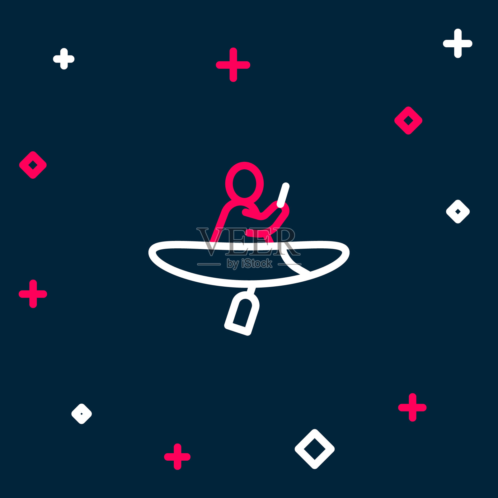 线独木舟和桨图标孤立在蓝色背景。皮艇和独木舟用于钓鱼和旅游。户外活动。色彩斑斓的轮廓的概念。向量图标素材