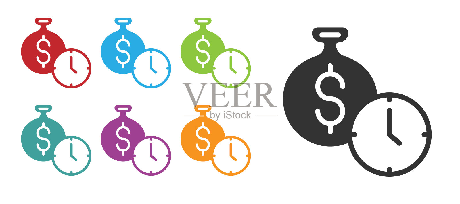 黑色时间是孤立在白色背景上的金钱图标。金钱是时间。有效的时间管理。把时间变成金钱。设置图标丰富多彩。向量图标素材
