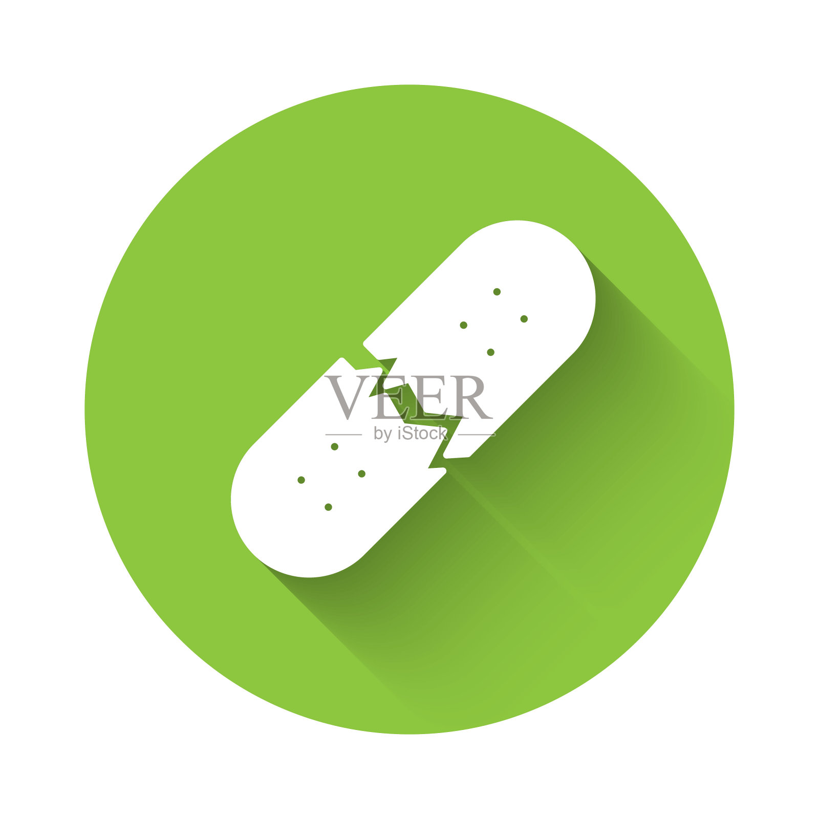 白色破碎的滑板甲板图标孤立与长阴影背景。极限运动。运动设备。绿色圆圈按钮。向量插画图片素材