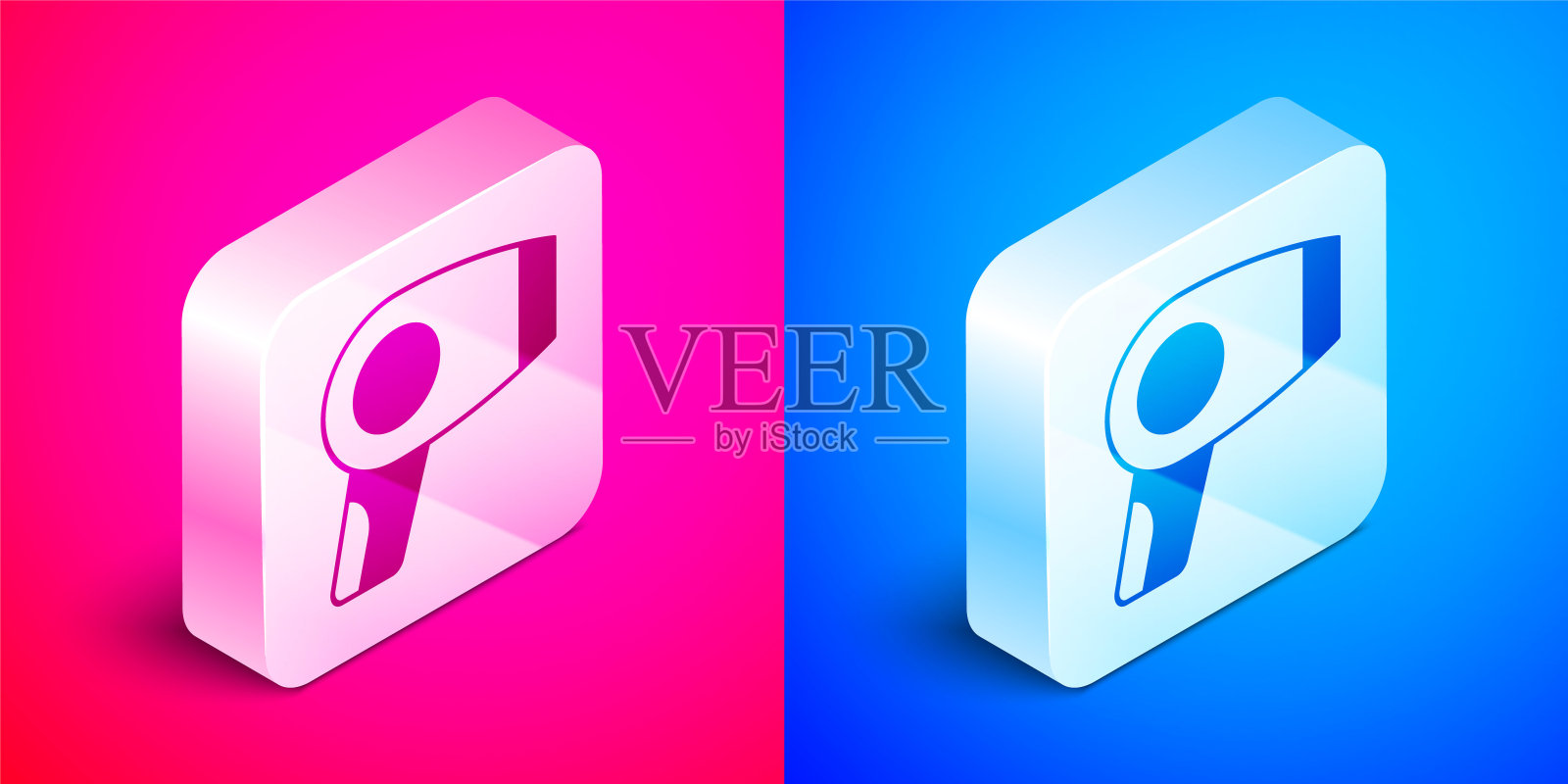 等距吹风机图标孤立在粉红色和蓝色背景。吹风机的迹象。头发干燥的象征。吹热空气。银广场按钮。向量图标素材