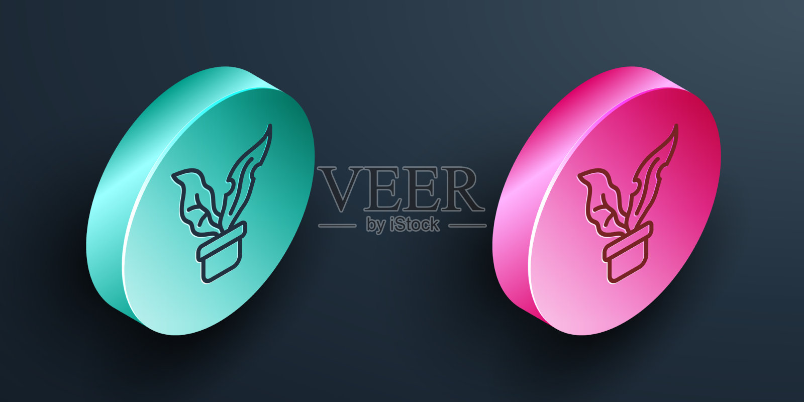 花盆图标孤立在黑色上的等距线植物图标素材