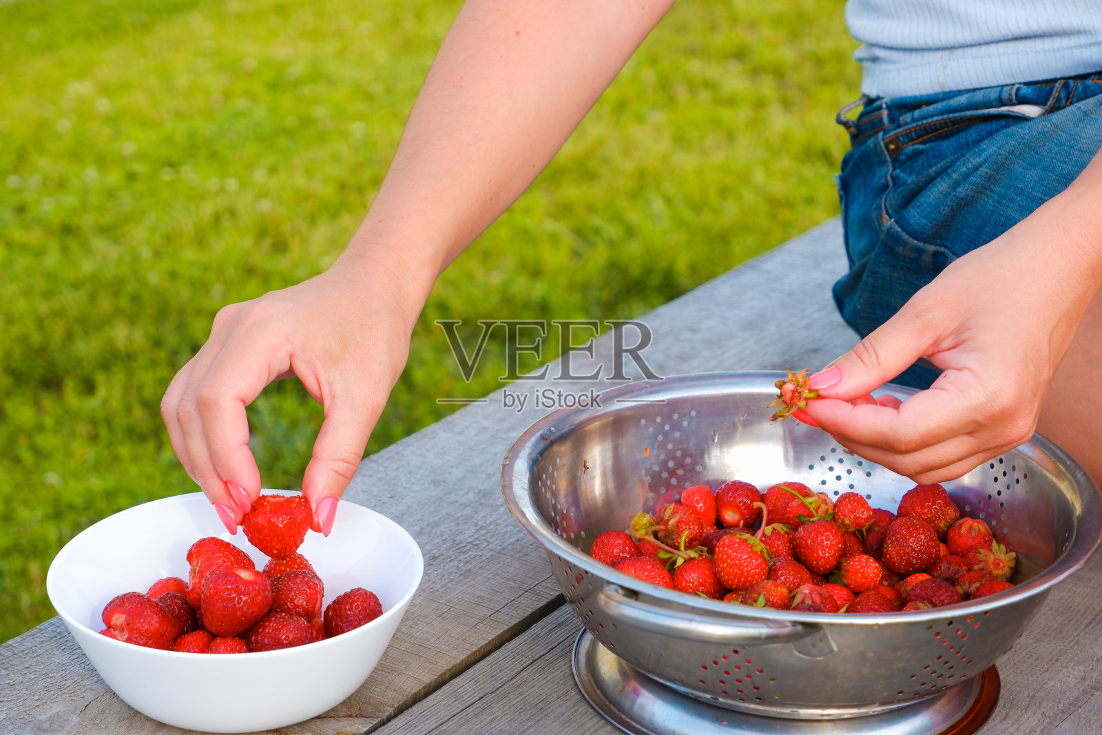 草莓的早餐。一个女孩在绿色的草坪上准备她花园的草莓作为早餐。近距离观察手和白色盘子与草莓。照片摄影图片