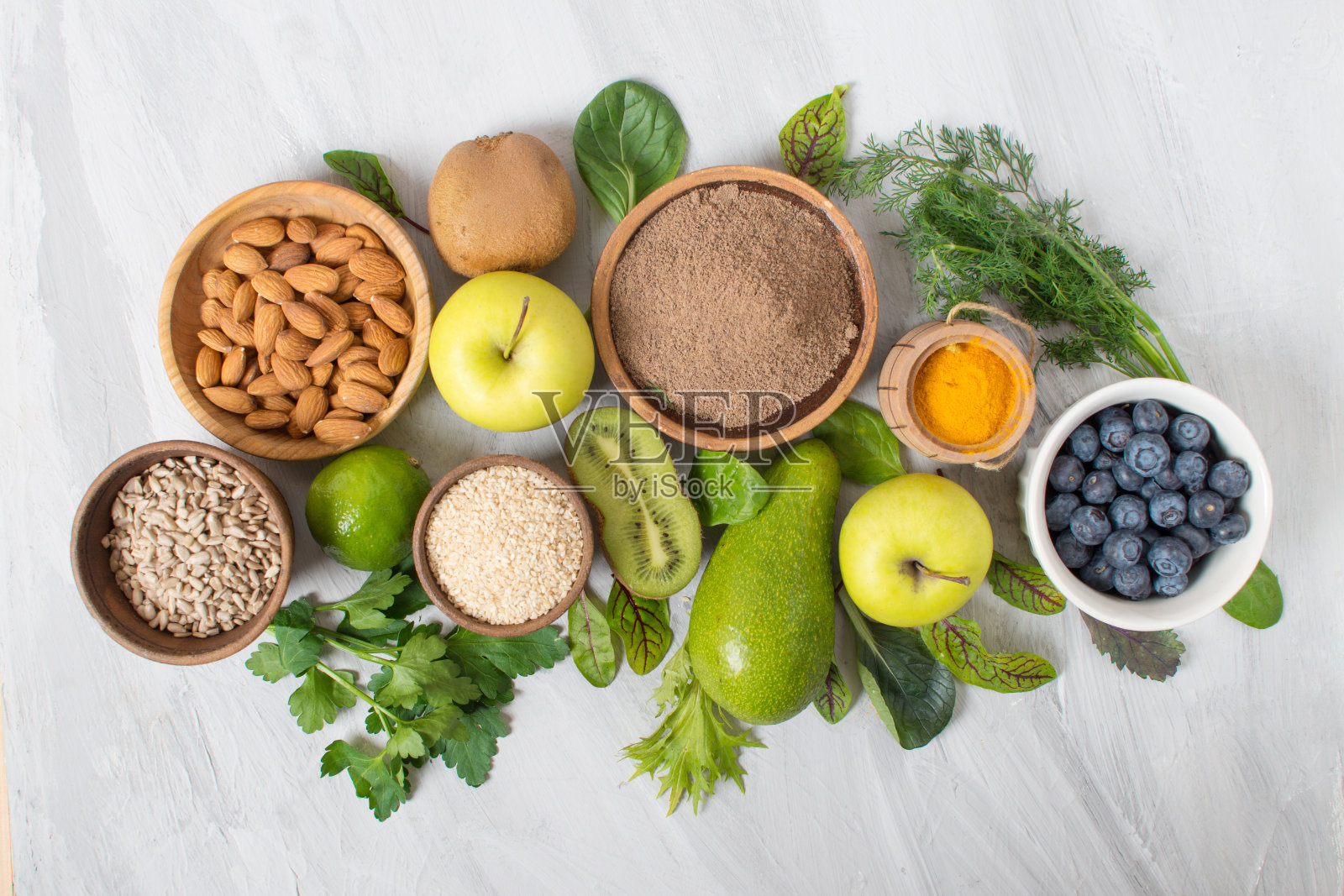 健康食品清洁食品的选择:水果,蔬菜,种子照片摄影图片