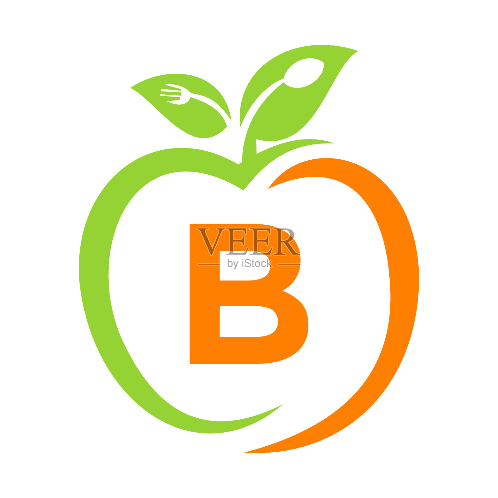 健康食品标志上的字母B,苹果健康保健矢量模板。苹果标志模板与B字母叉子,勺子概念餐厅标志设计元素图片