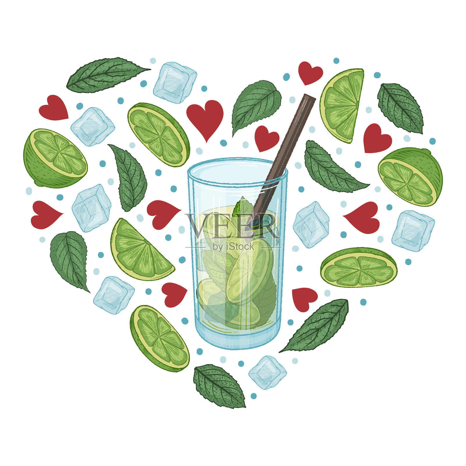 鸡尾酒莫吉托加酸橙,薄荷和冰块。的心。矢量插图。插画图片素材