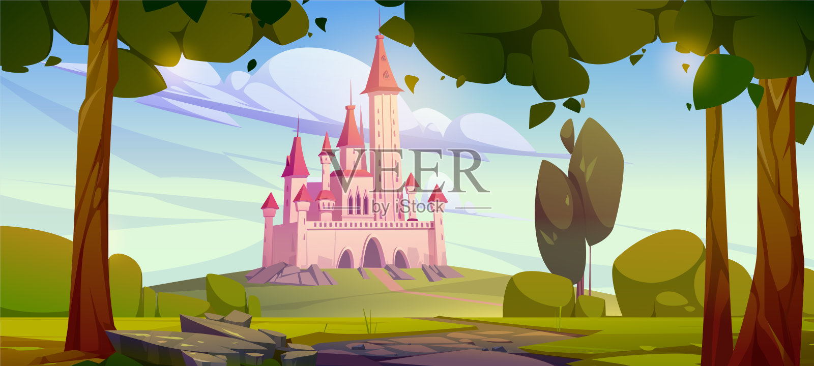 青山上的粉色魔法城堡,童话般的宫殿插画图片素材