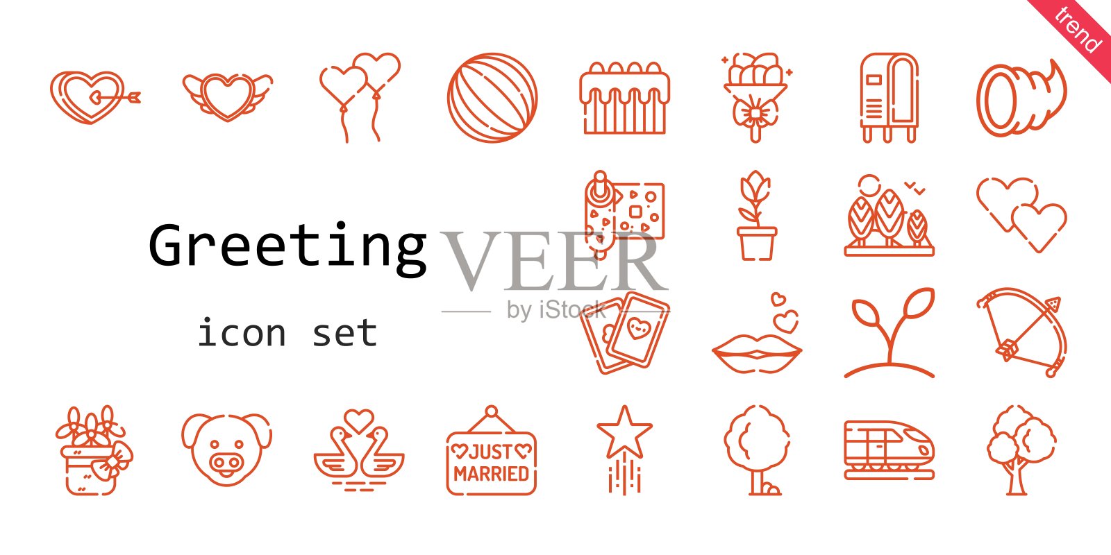 问候的图标集。行图标风格。与问候相关的图标如卡片、新婚、圣诞树、花束、蝴蝶结、包装、郁金香、亲吻、心形、天鹅、花、猪、球、蛋糕、植物、气球、信箱、丰收花、最爱图标素材