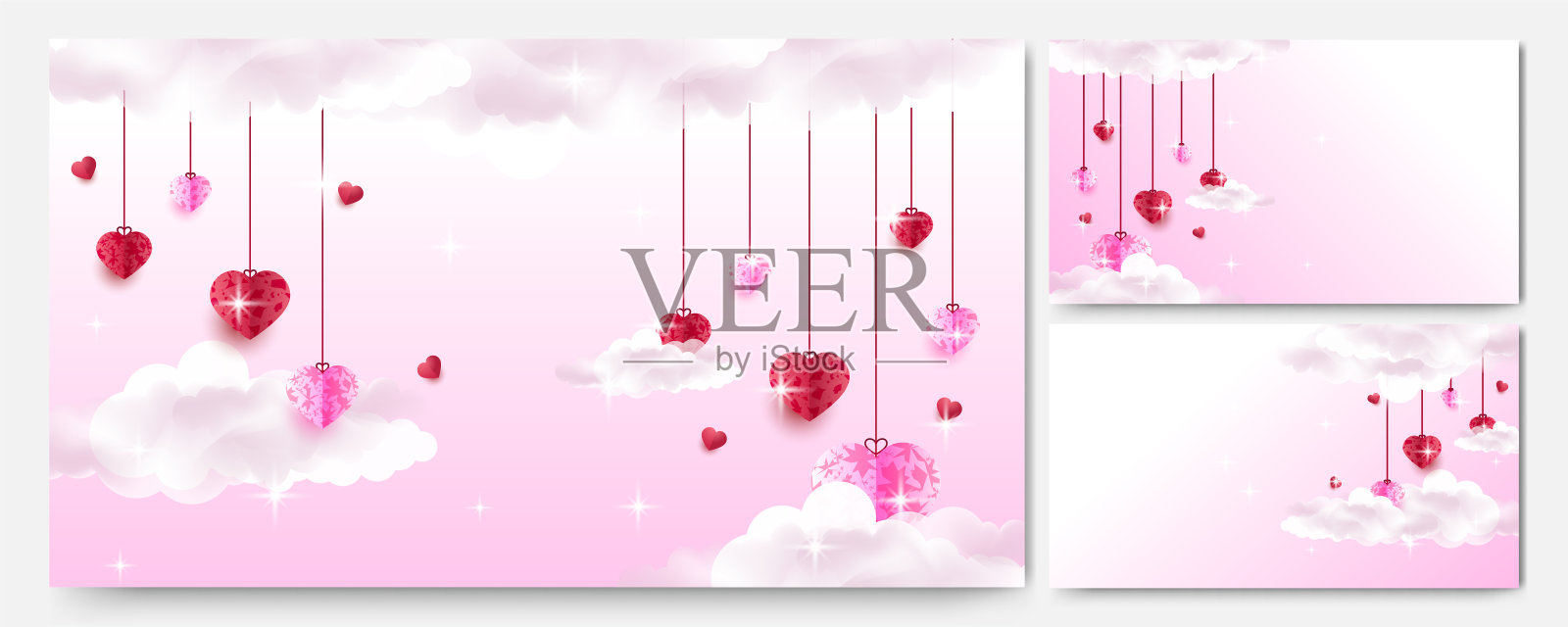 情人节爱心横幅背景。情人节红粉剪纸风格设计背景插画图片素材